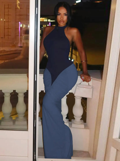 Women Summer Sexy Party Club Evening Halter Colorblock Backless Bodycon Long Dress