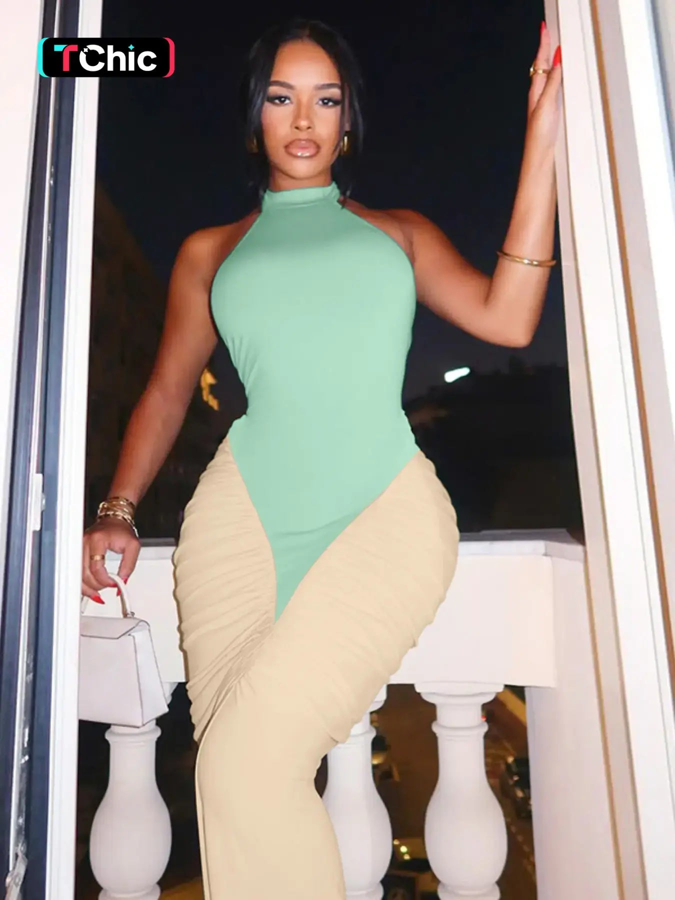 Women Summer Sexy Party Club Evening Halter Colorblock Backless Bodycon Long Dress