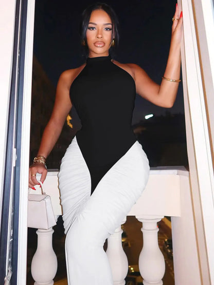 Women Summer Sexy Party Club Evening Halter Colorblock Backless Bodycon Long Dress