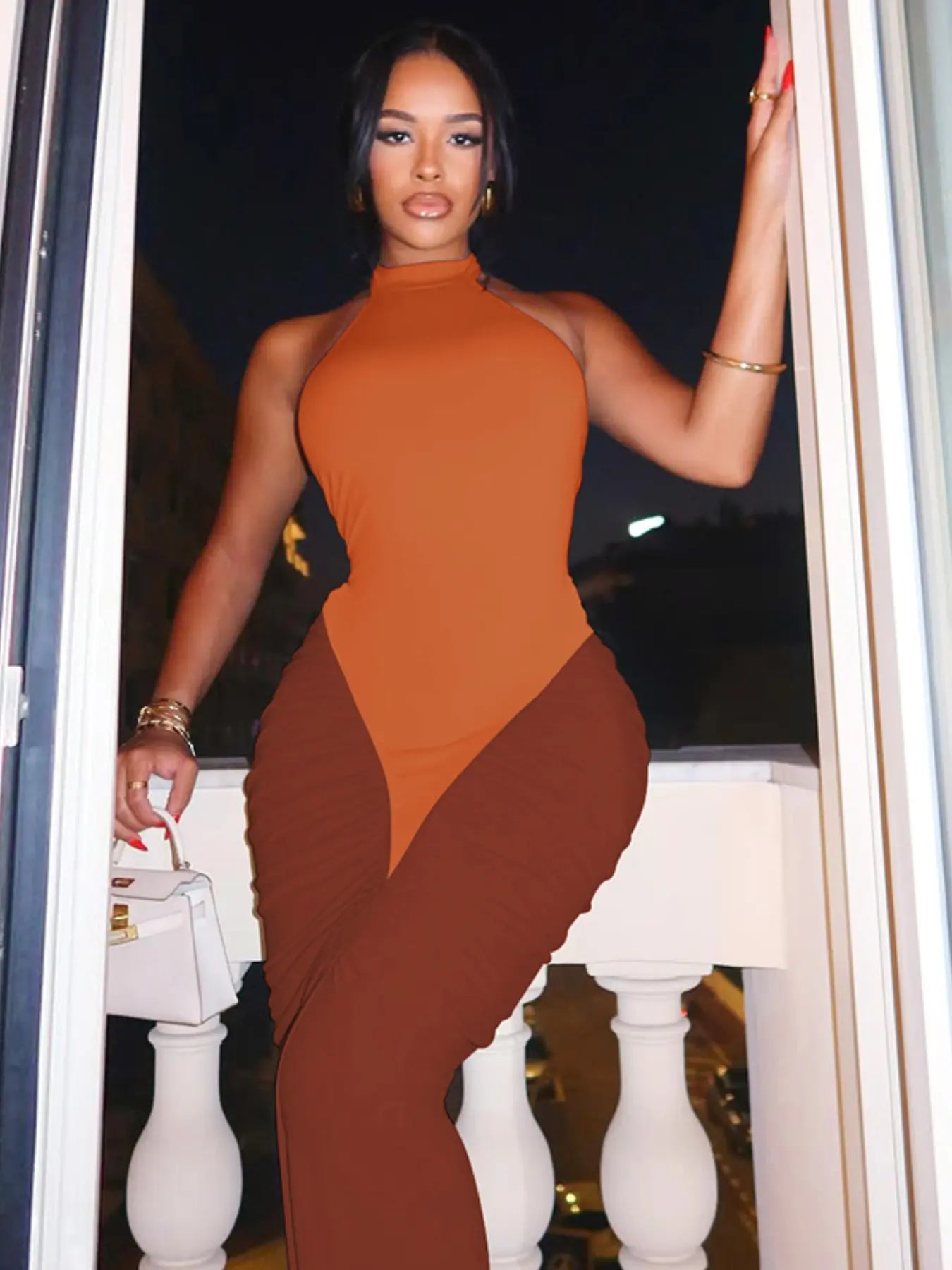 Women Summer Sexy Party Club Evening Halter Colorblock Backless Bodycon Long Dress