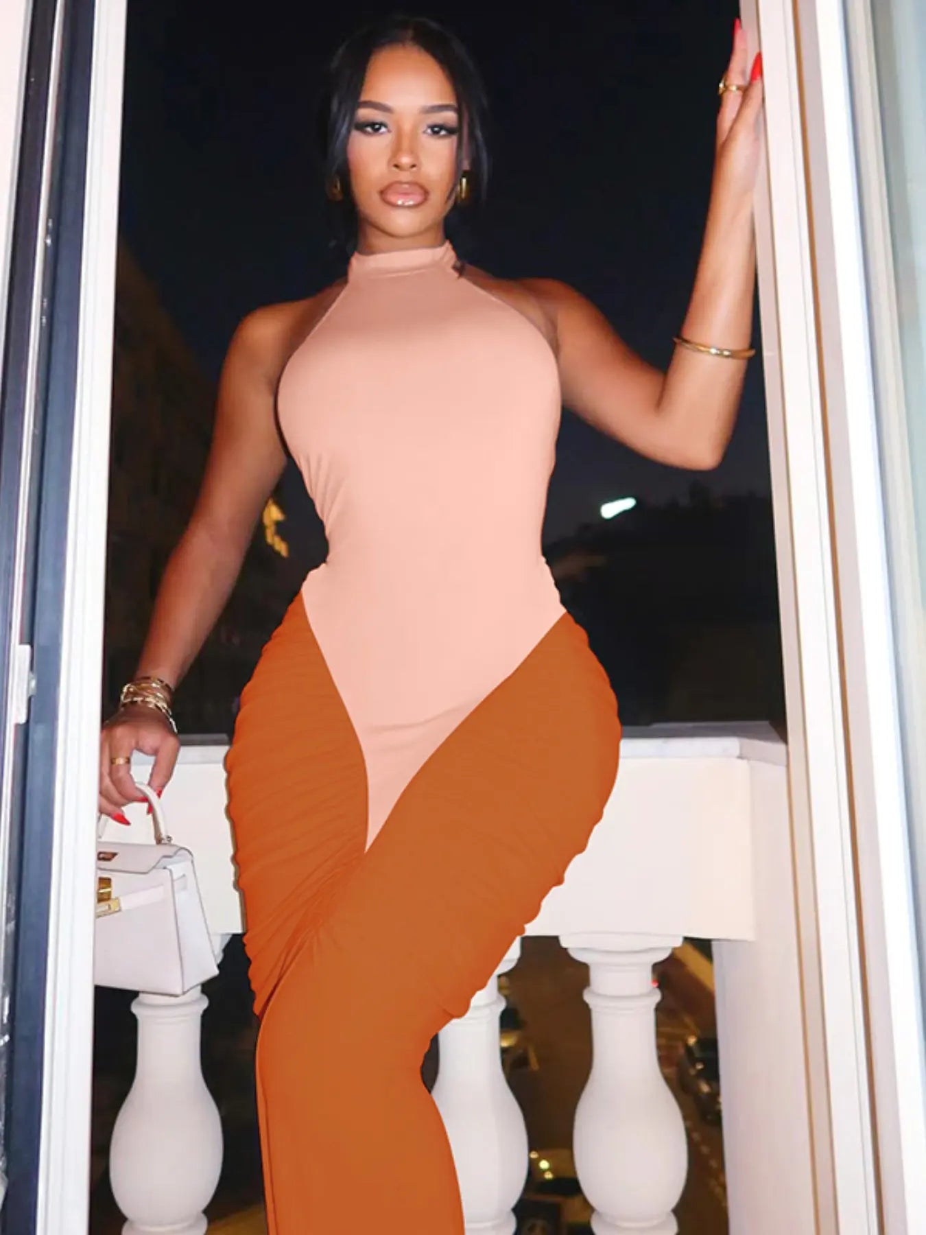 Women Summer Sexy Party Club Evening Halter Colorblock Backless Bodycon Long Dress