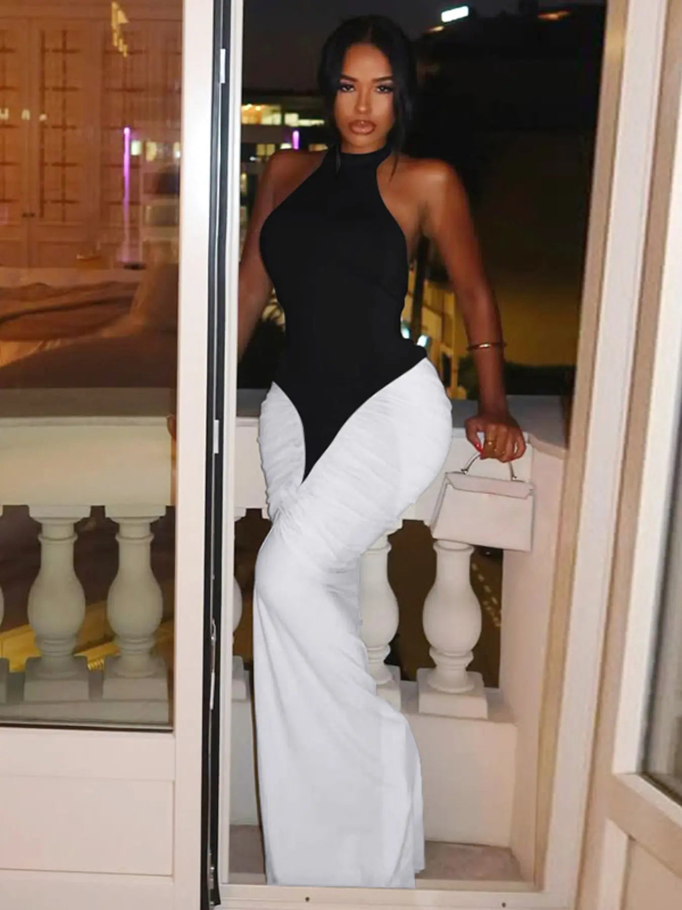 Women Summer Sexy Party Club Evening Halter Colorblock Backless Bodycon Long Dress